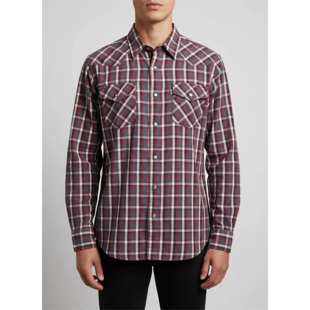 Levi's Men's Plaid Red Blue White‎ Flannel Long Sleeve Button-Up Shirt Size L